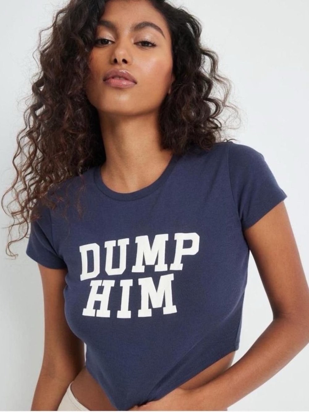 Garage Navy Cropped Tee with White "Dump Him" Graphic